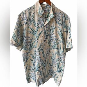 Reyn Spooner Beige and Teal Tropical Print Short-Sleeve Button-Up size L